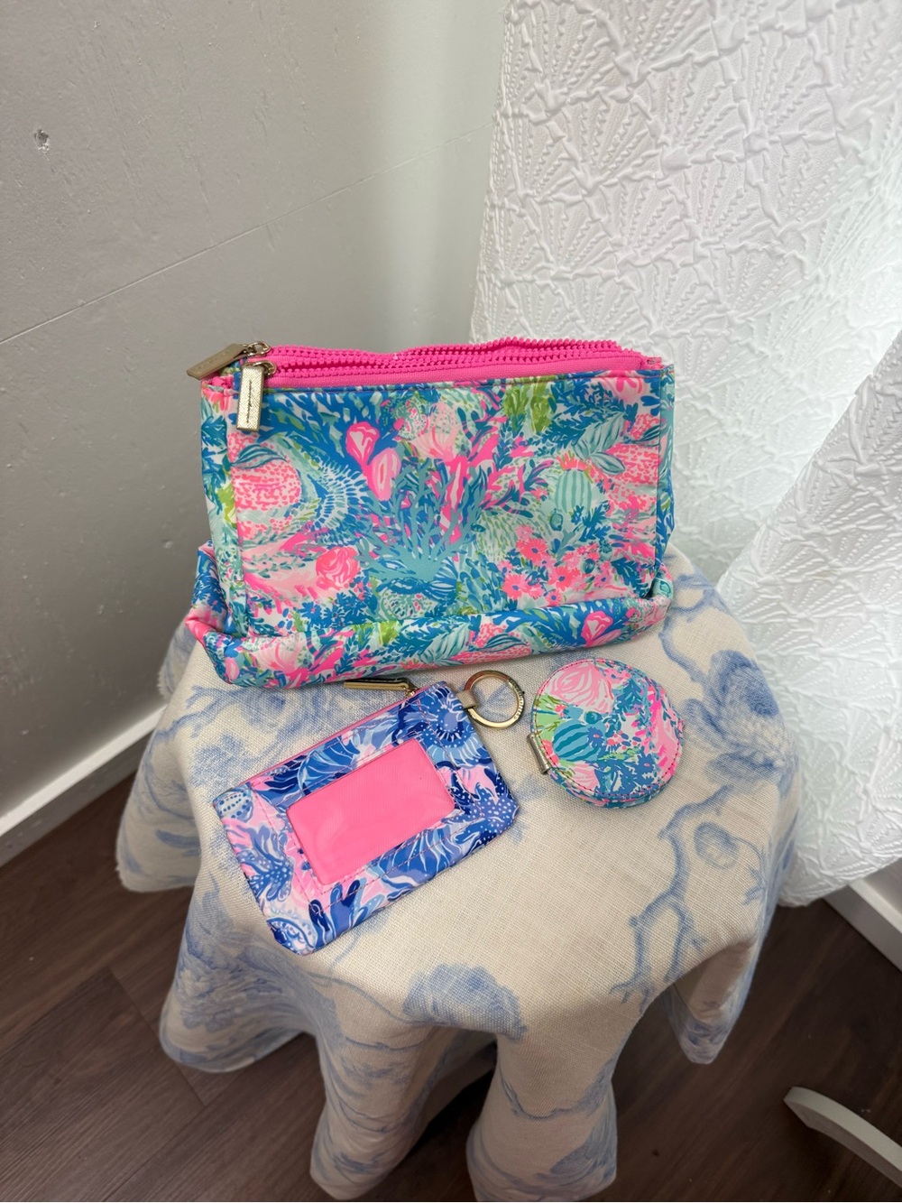 Lilly Pulitzer Tropical Floral Cosmetic Pouch Trio in Hot Pink & Aqua Blue